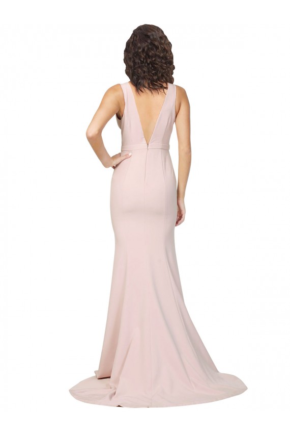 Outlet Deep Plunging V-Neckline Full Length Crepe Prom Dress with Deep V-Backline