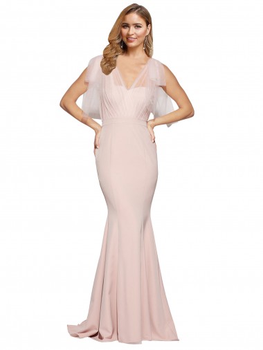 Outlet Double Bow Full Length Sweetheart Crepe Prom Dress with Tulle Overlay