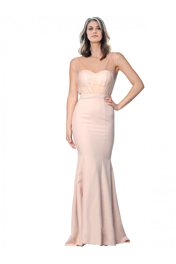 Outlet Full Length Sweetheart Crepe Prom Dress with Tulle Overlay