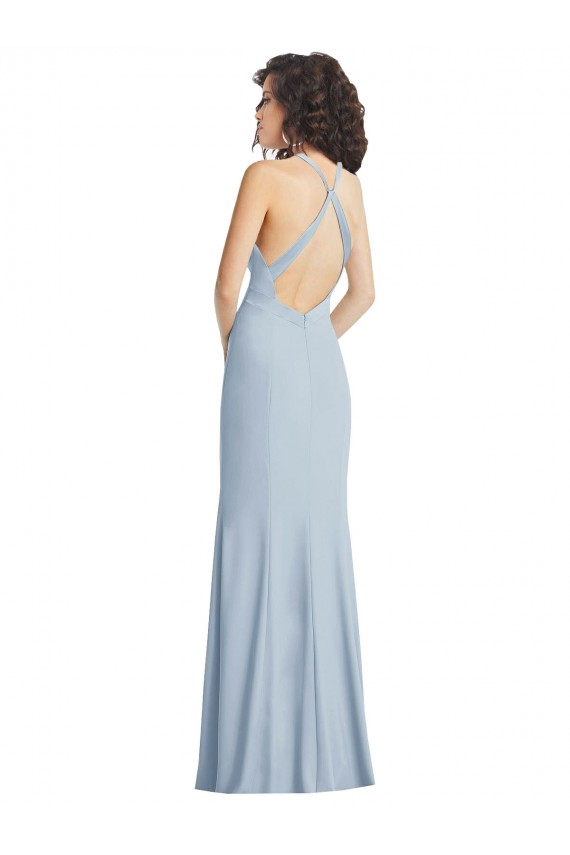 Outlet High Neck Halter Crepe Prom Dress with Twist Criss Cross Back