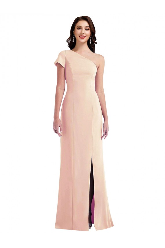 Outlet One Shoulder Cap Sleeves Trumpet Crepe Prom Dress with Front Slit