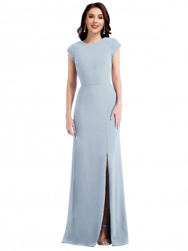 Outlet Cap Sleeve Open Back Trumpet Crepe Prom Dress with Front Slit