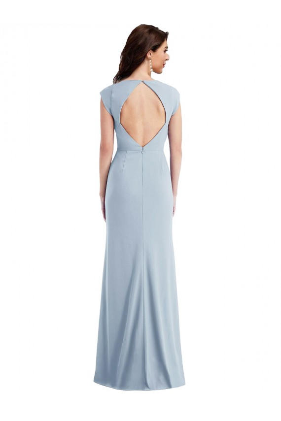 Outlet Cap Sleeve Open Back Trumpet Crepe Prom Dress with Front Slit