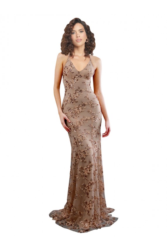 Outlet Floral Patterned Backless V-Neckline Sequin Prom Dress