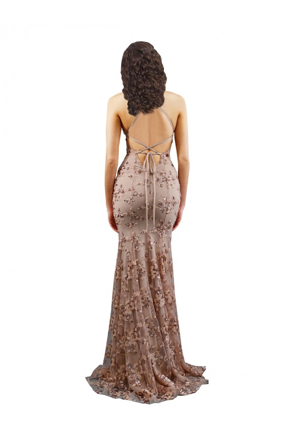 Outlet Floral Patterned Backless V-Neckline Sequin Prom Dress