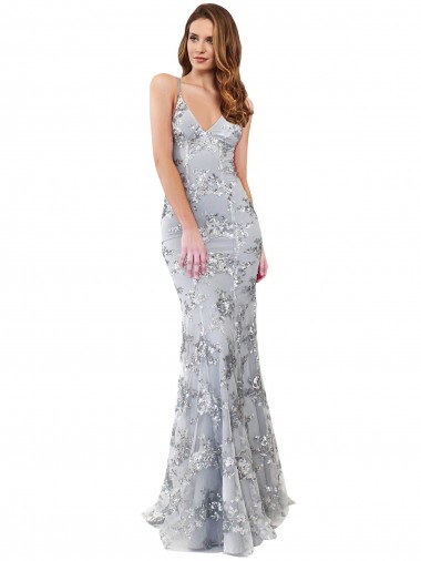 Outlet Silver V-Neckline Backless Floral Patterned Sequin Prom Dress