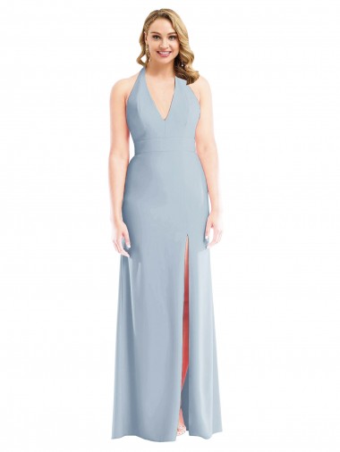 Outlet Plunge Neck Halter Backless Trumpet Prom Dress with Front Slit
