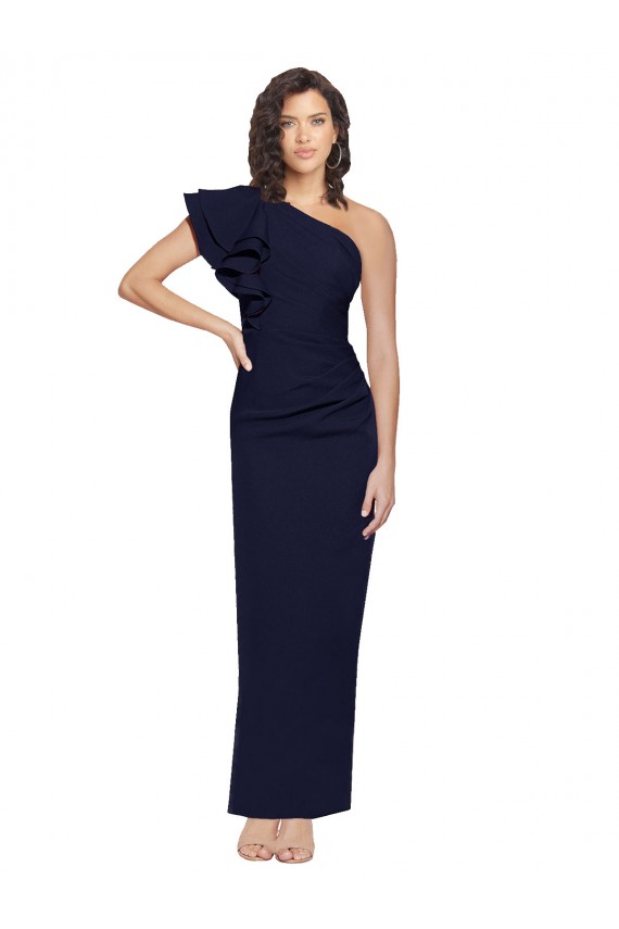 Outlet Ruched Floor Length Long Crepe Prom Dress with Shoulder Ruffles