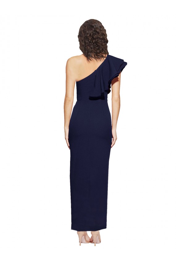 Outlet Ruched Floor Length Long Crepe Prom Dress with Shoulder Ruffles