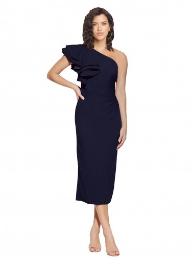 Outlet Ruched Midi Length Short Crepe Cocktail Prom Dress / Homecoming Dress with Shoulder Ruffles
