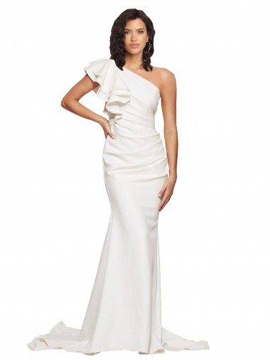 Outlet Ruched Long Sweep Train Crepe Prom Dress with Shoulder Ruffles