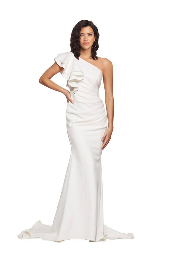 Outlet Ruched Long Sweep Train Crepe Prom Dress with Shoulder Ruffles
