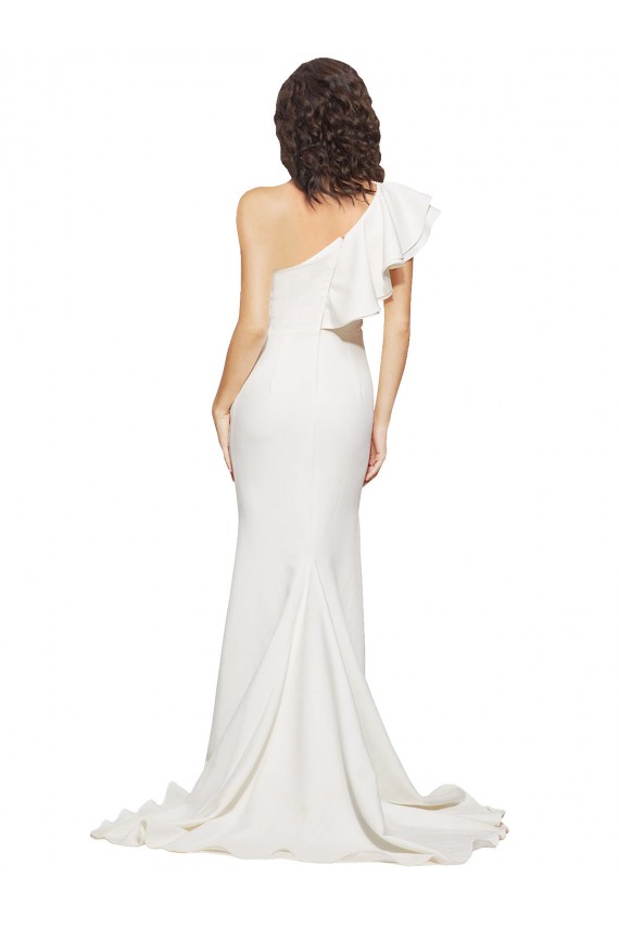 Outlet Ruched Long Sweep Train Crepe Prom Dress with Shoulder Ruffles