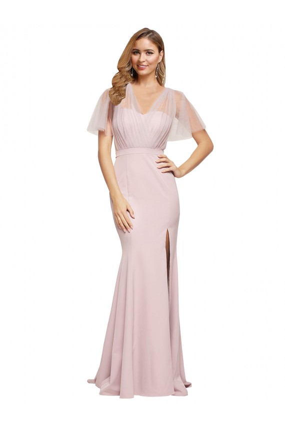Outlet Crepe Long Sweetheart Neckline Prom Dress with Tulle Overlay Shoulders