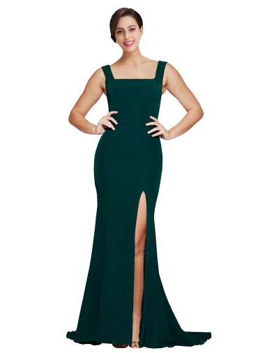 Outlet Fitted Square Neck Long Crepe Prom Dress with Train and Side Split