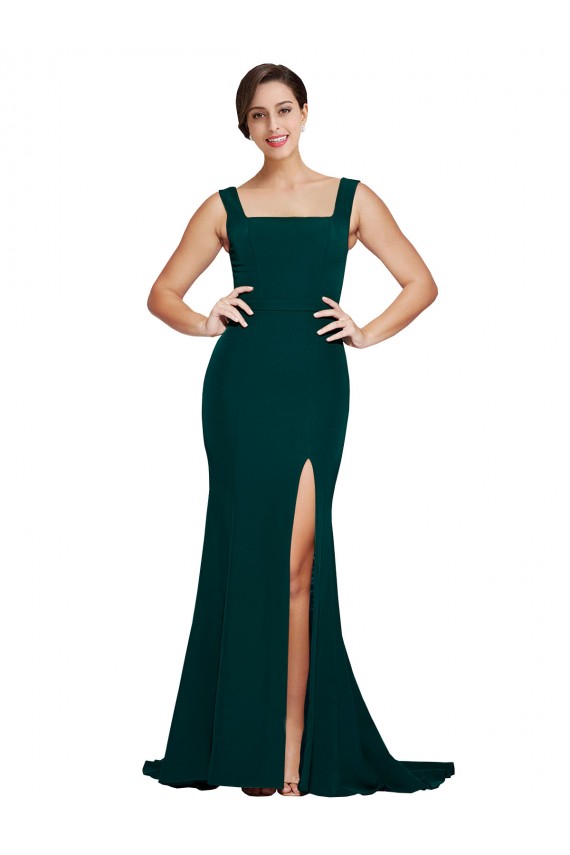 Outlet Fitted Square Neck Long Crepe Prom Dress with Train and Side Split