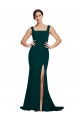 Outlet Fitted Square Neck Long Crepe Prom Dress with Train and Side Split