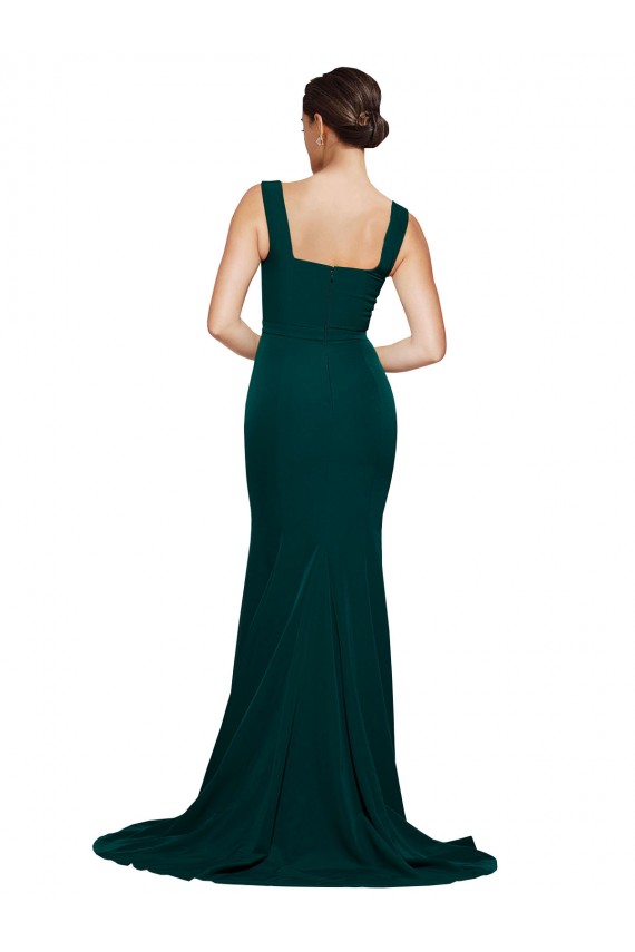 Outlet Fitted Square Neck Long Crepe Prom Dress with Train and Side Split