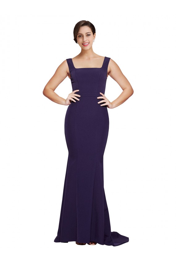 Outlet Square Neck Long Sweep Train Crepe Prom Dress with Thick Straps