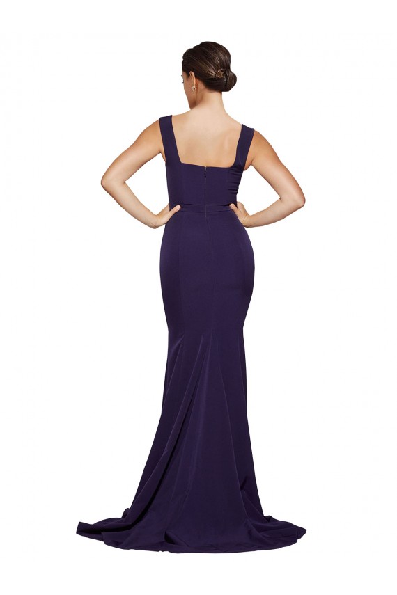 Outlet Square Neck Long Sweep Train Crepe Prom Dress with Thick Straps