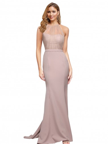 Outlet Long Sweetheart Crepe Prom Dress with High Neck Illusion Tulle Details