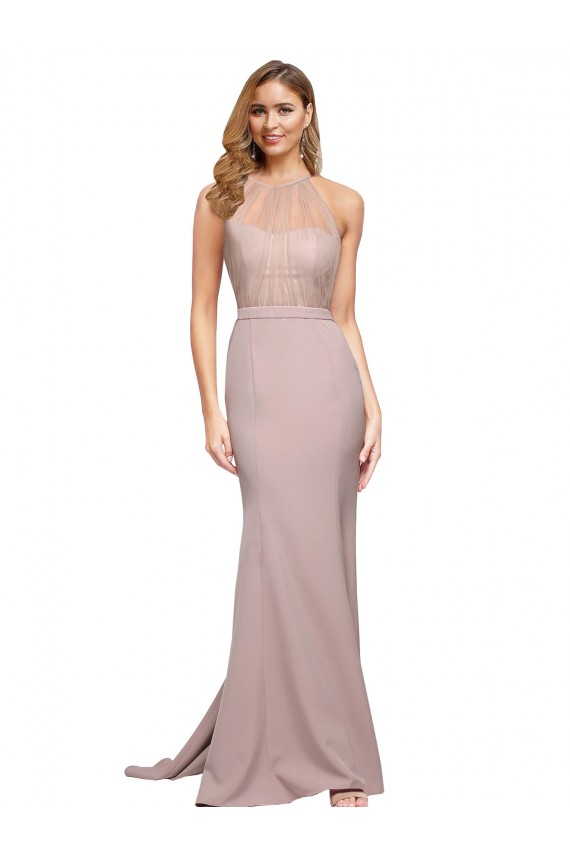 Outlet Long Sweetheart Crepe Prom Dress with High Neck Illusion Tulle Details