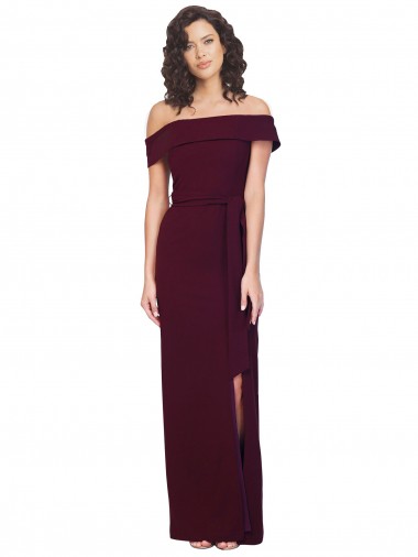 Outlet Fitted Full Length Off the Shoulder Crepe Prom Dress with Side Split and Waist Tie