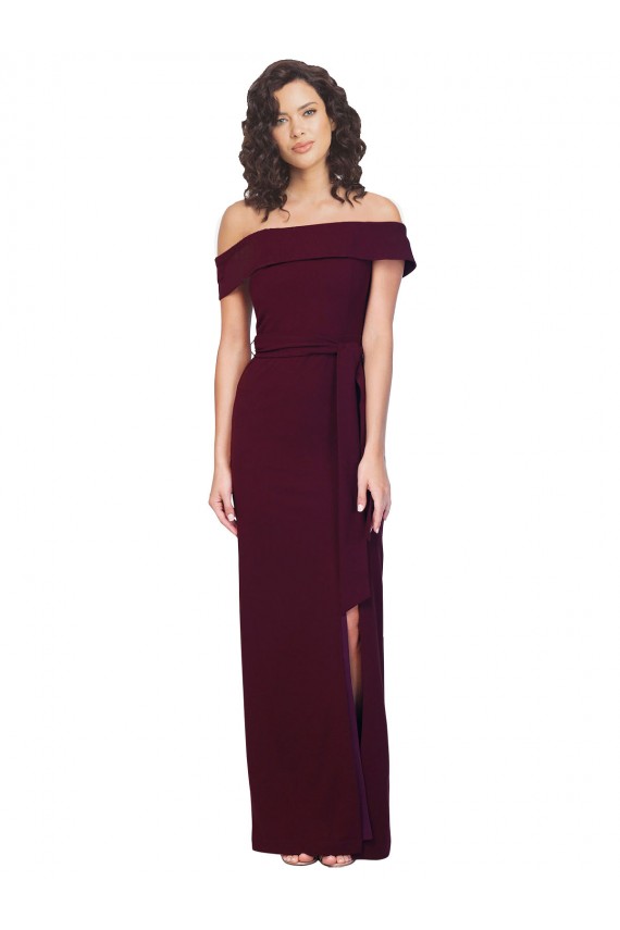 Outlet Fitted Full Length Off the Shoulder Crepe Prom Dress with Side Split and Waist Tie