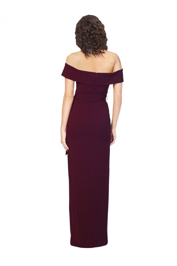 Outlet Fitted Full Length Off the Shoulder Crepe Prom Dress with Side Split and Waist Tie