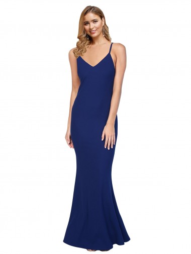 Outlet Full Length V-Neckline Crepe Prom Dress with Thin Straps and Fulted Skirt