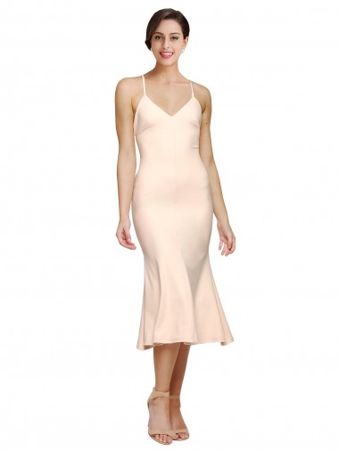 Outlet Midi Length V-Neckline Crepe Cocktail Prom Dress / Homecoming Dress with Thin Straps and Fulted Skirt