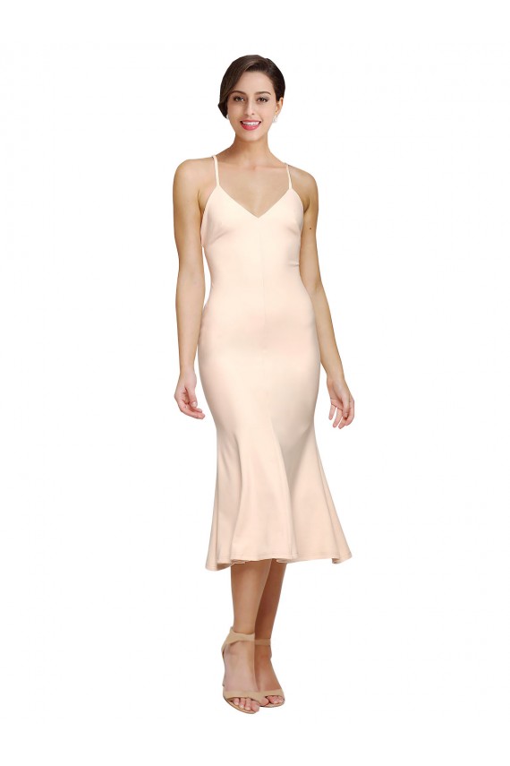 Outlet Midi Length V-Neckline Crepe Cocktail Prom Dress / Homecoming Dress with Thin Straps and Fulted Skirt