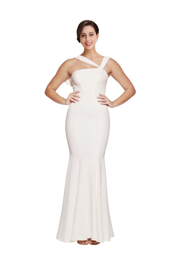 Outlet Full Length Square Neck Crepe Prom Dress with Asymmetrical Straps and Bow Back