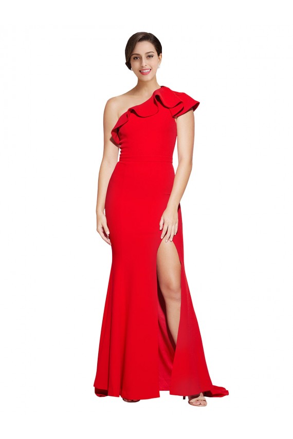 Outlet One Shoulder Long Sweep Train Crepe Prom Dress with Thigh High Split