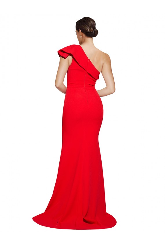 Outlet One Shoulder Long Sweep Train Crepe Prom Dress with Thigh High Split