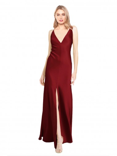 Outlet Floor Length Deep V-Back Stretch Satin Prom Dress with Front Slit