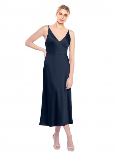 Outlet V-Neck Midi Length Short Stretch Satin Cocktail Prom Dress / Homecoming Dress V-Back