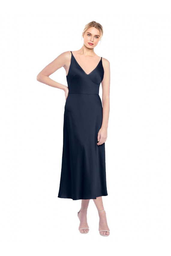 Outlet V-Neck Midi Length Short Stretch Satin Cocktail Prom Dress / Homecoming Dress V-Back