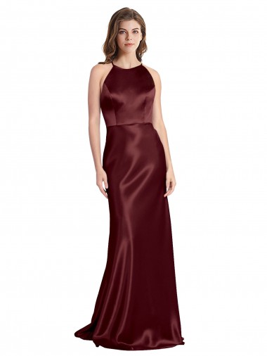 Outlet High Neck Halter Long Sleeveless Stretch Satin Prom Dress with Strappy Back