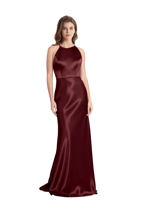 Outlet High Neck Halter Long Sleeveless Stretch Satin Prom Dress with Strappy Back