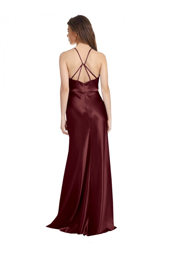 Outlet High Neck Halter Long Sleeveless Stretch Satin Prom Dress with Strappy Back