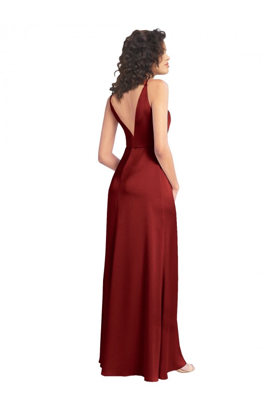 Outlet Faux Surplice Neckline Long Slim A-Line Stretch Satin Prom Dress