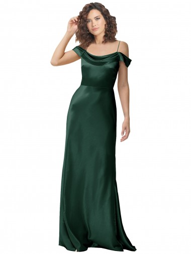 Outlet Off the Shoulder Sleeves Long Stretch Satin Prom Dress with Pleated Draped Neckline