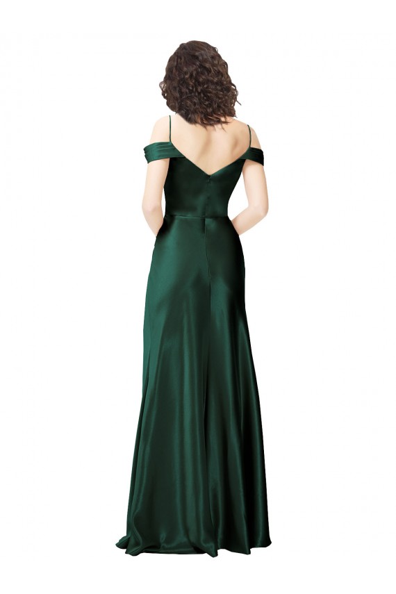 Outlet Off the Shoulder Sleeves Long Stretch Satin Prom Dress with Pleated Draped Neckline