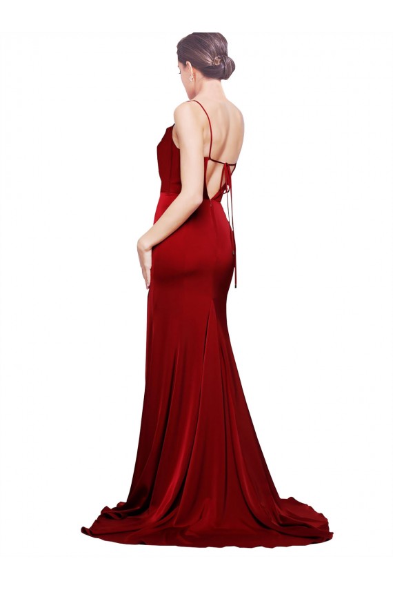 Outlet Cowl Front Neck Sweep Train Stretch Satin Prom Dress with High Side Split