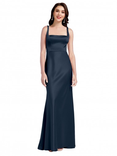 Outlet Square Neck A-Line Long Stretch Satin Prom Dress with Wide Straps