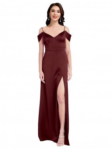Outlet Draped Off the Shoulder Sleeves Slim A-Line Stretch Satin Prom Dress with Side Slit