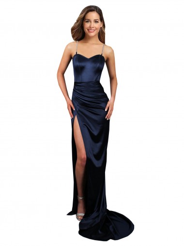 Outlet Pleated Sash Skirt Long Stretch Satin Prom Dress with High Slit