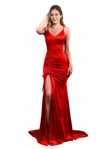 Outlet Long Pleated Stretch Satin Prom Dress with High Slit