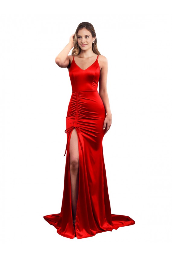 Outlet Long Pleated Stretch Satin Prom Dress with High Slit